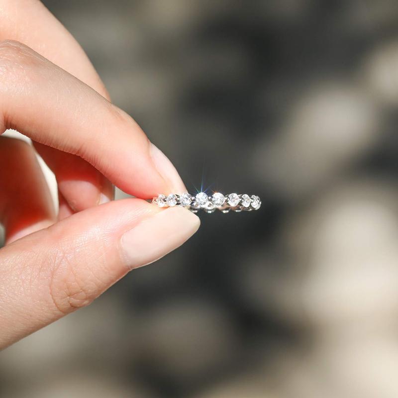 EAMTI 2mm 925 Sterling Silver Wedding Band Cubic Zirconia Full Eternity Stackable Engagement Ring