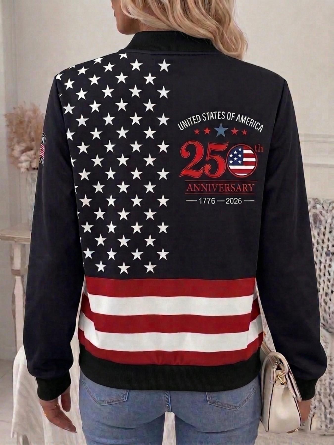 Vintage American Flag Baseball Jacket for Women, Casual Fashionable Jacket, Usa 250th Anniversary Badge Sleeve Print, Stand Collar Front Zipper, Soft Lightweight Long Sleeve Patriotic Coat, Fashion Casual Outerwear