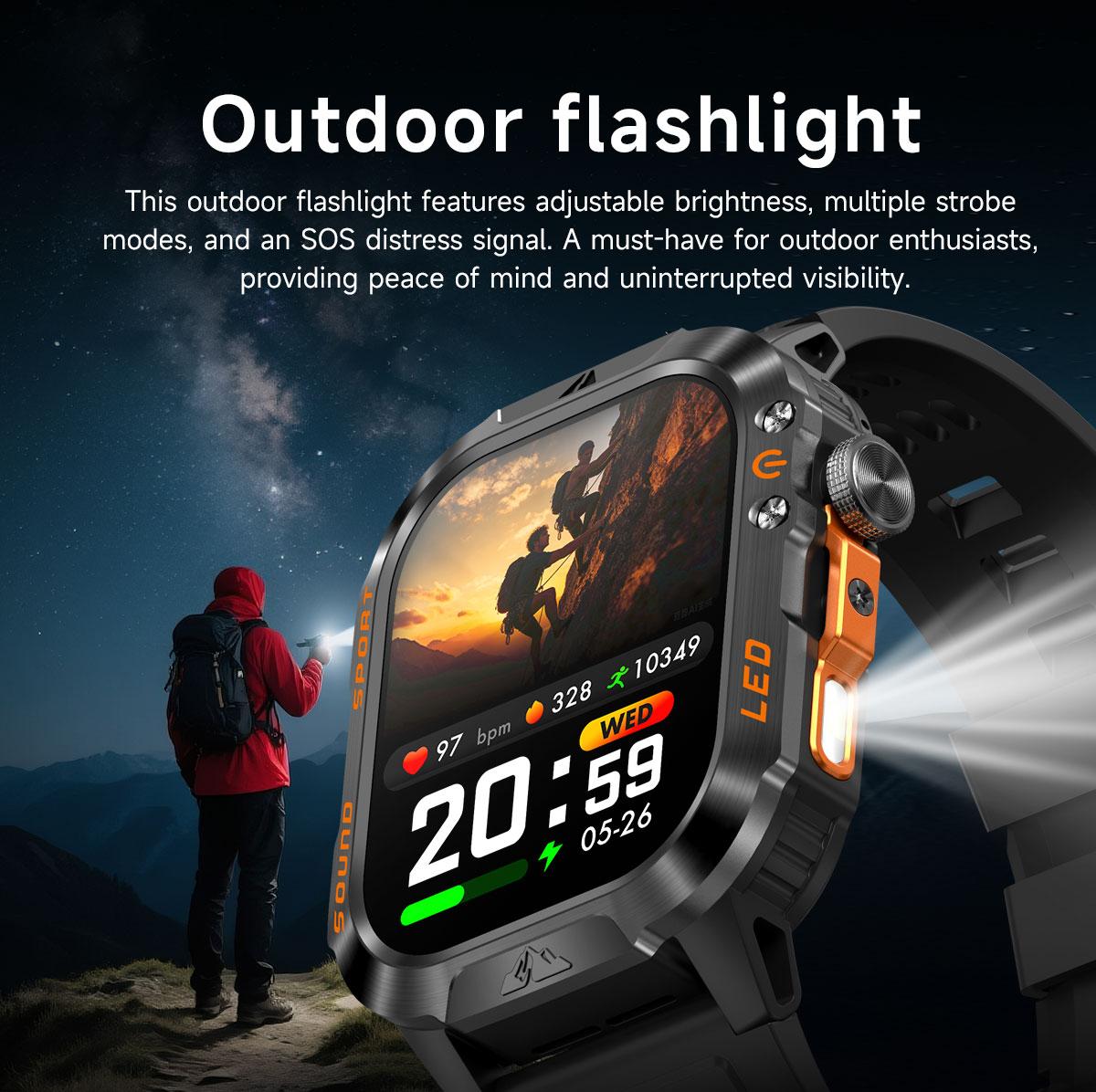 HT46 Outdoor Smart Watch Bluetooth Calling Heart Rate Sleep Blood Oxygen Monitor LED Light for Cycling Hiking Camping