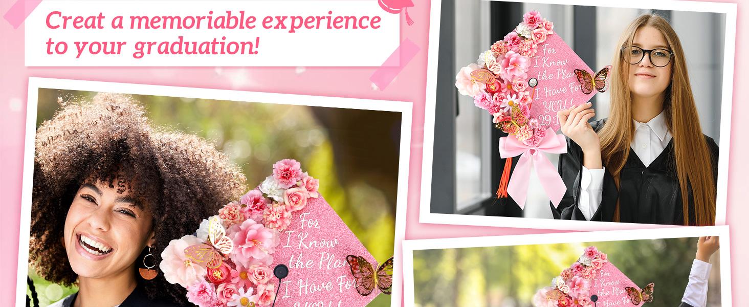 55 Pcs Pink DIY Graduation Cap Decorations Faux Assorted Flowers Pink Bows 3D Butterfly Stickers Glitter Alphabet Letter Number Decals for DIY Hat Grad Cap Topper Graduation Party Supplies