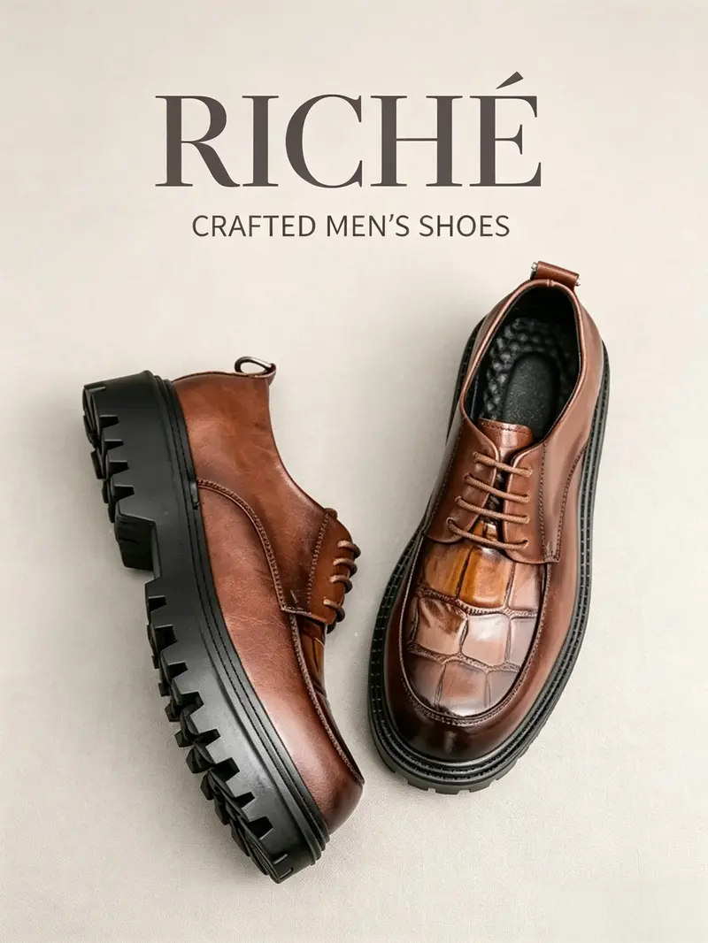 Men's Crocodile Pattern Lace-Up Derby Shoes, British Vintage Heel, Casual Leather Shoes, Trendy Streetwear, Commuter, Versatile Low-Top Dress Shoes, British Style Footwear