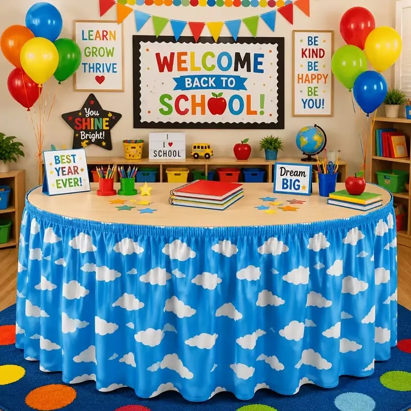 Blue Sky Cloud Tablecloth, Fluffy Cloud Pattern, Ideal for School Opening Ceremonies, Event Supplies, Decorative Table Skirt