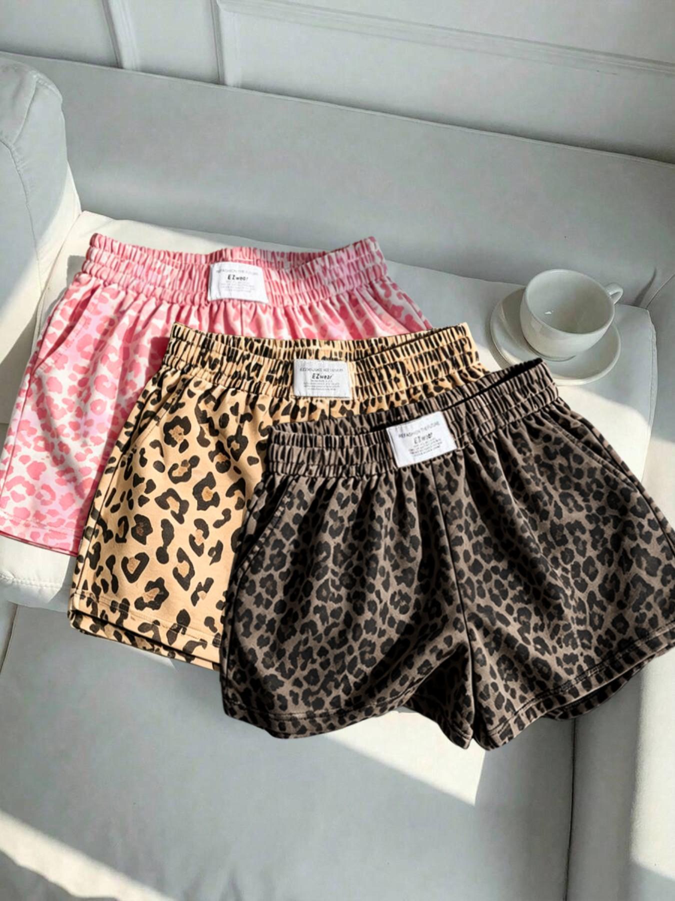 3-Pack Vintage Leopard Print Elastic Waist Casual Shorts for Women, Letter Waist Label Design, Y2K Style Sporty Outerwear Slimming Shorts