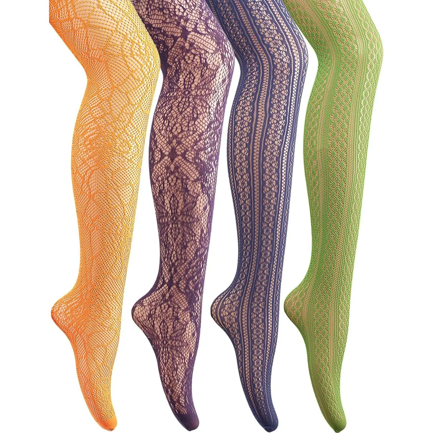 4 Pack Women's Patterned Fishnet Tights in Orange, Green, Purple, Blue | Colored Fishnet Stockings & Pantyhose(Gift)