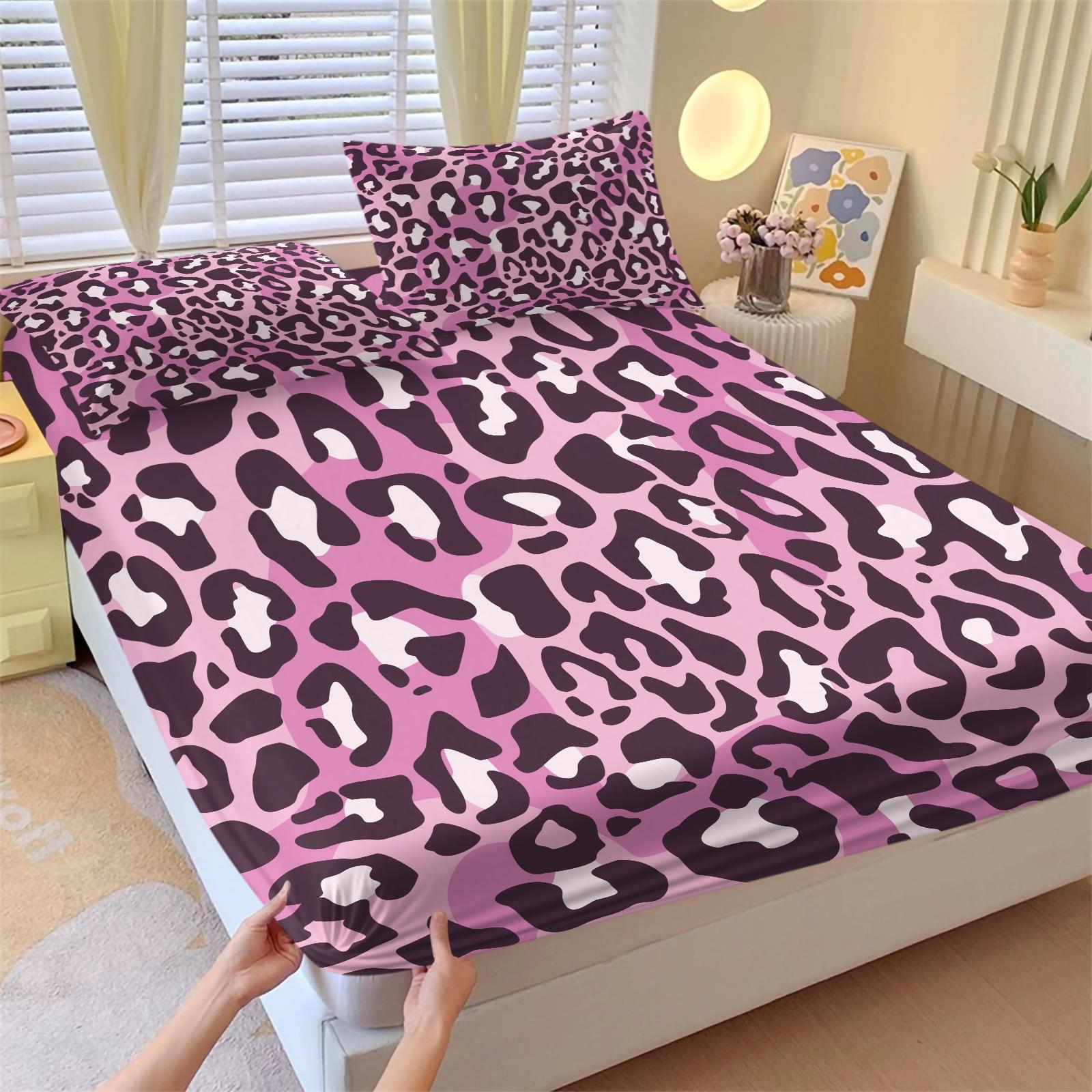 3-Piece Set Cute Leopard Print Bedding Set, Bed Sheet Sets, Decorative Bedsheet Sets, Includes 1 Fitted Sheet and 2 Pillowcases, Home Hotel Room Decor, Bedroom Decoration, Perfect Gift