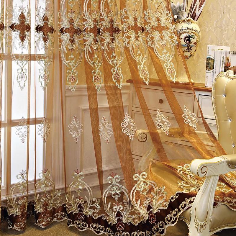 2pcs European Heavy Embroidery Sheer Curtains, Living Room Arched Floor-To-Ceiling Window, Vintage Style Punch Hole Balcony Curtain