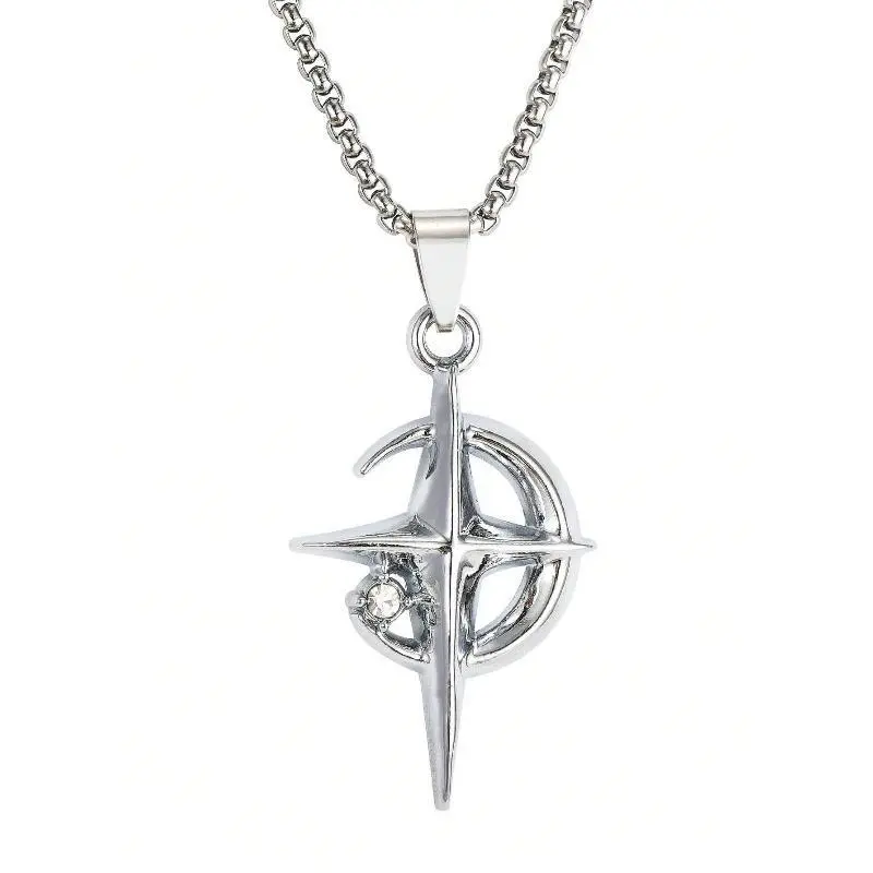 Stainless Steel Jewelry Statement Piece, Cross Moon Star Crescent Pendant with Lobster Clasp, Cubic Zirconia Box Chain Necklace for Night Events, Unisex Aesthetic Bag Charm Gift (Silver)