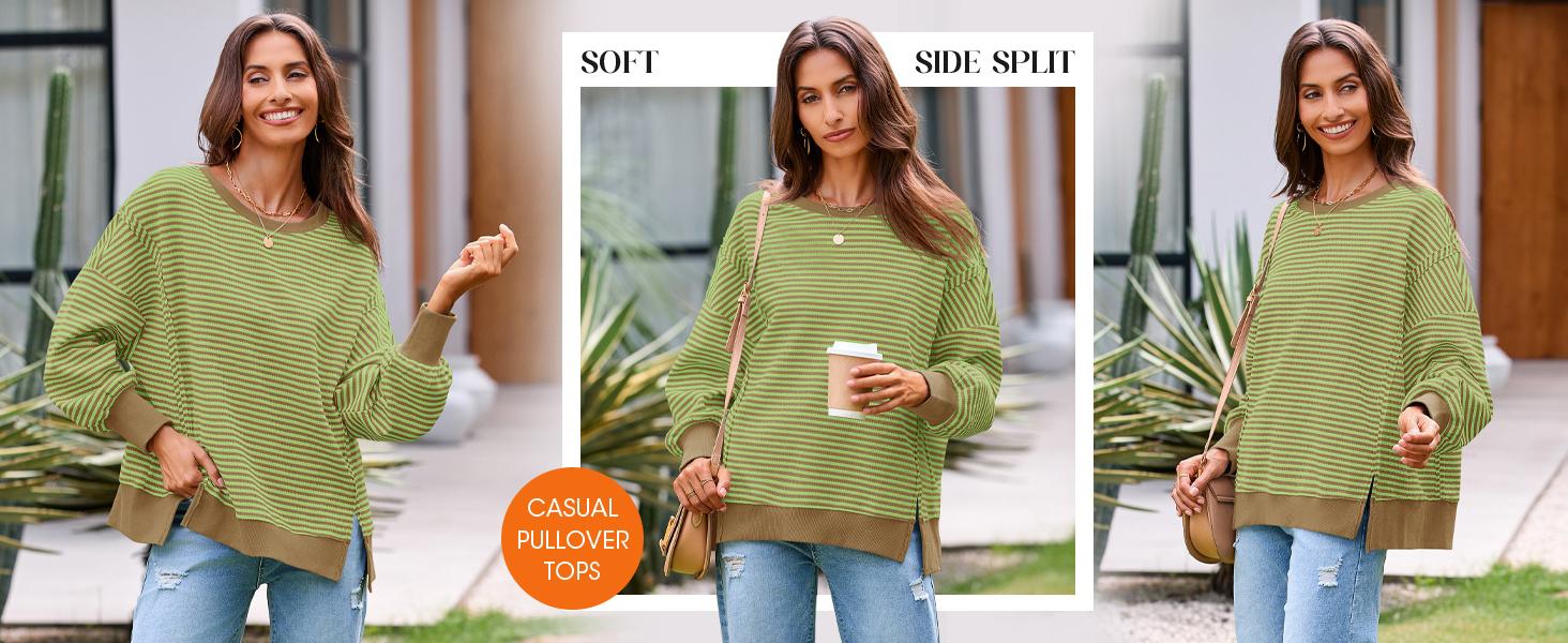 Fisoew Sports  2026 Summer Spring Women's Fall Oversized Sweatshirt Casual Waffle Knit Long Sleeve Crewneck Split Pullover Tunic Tops,
