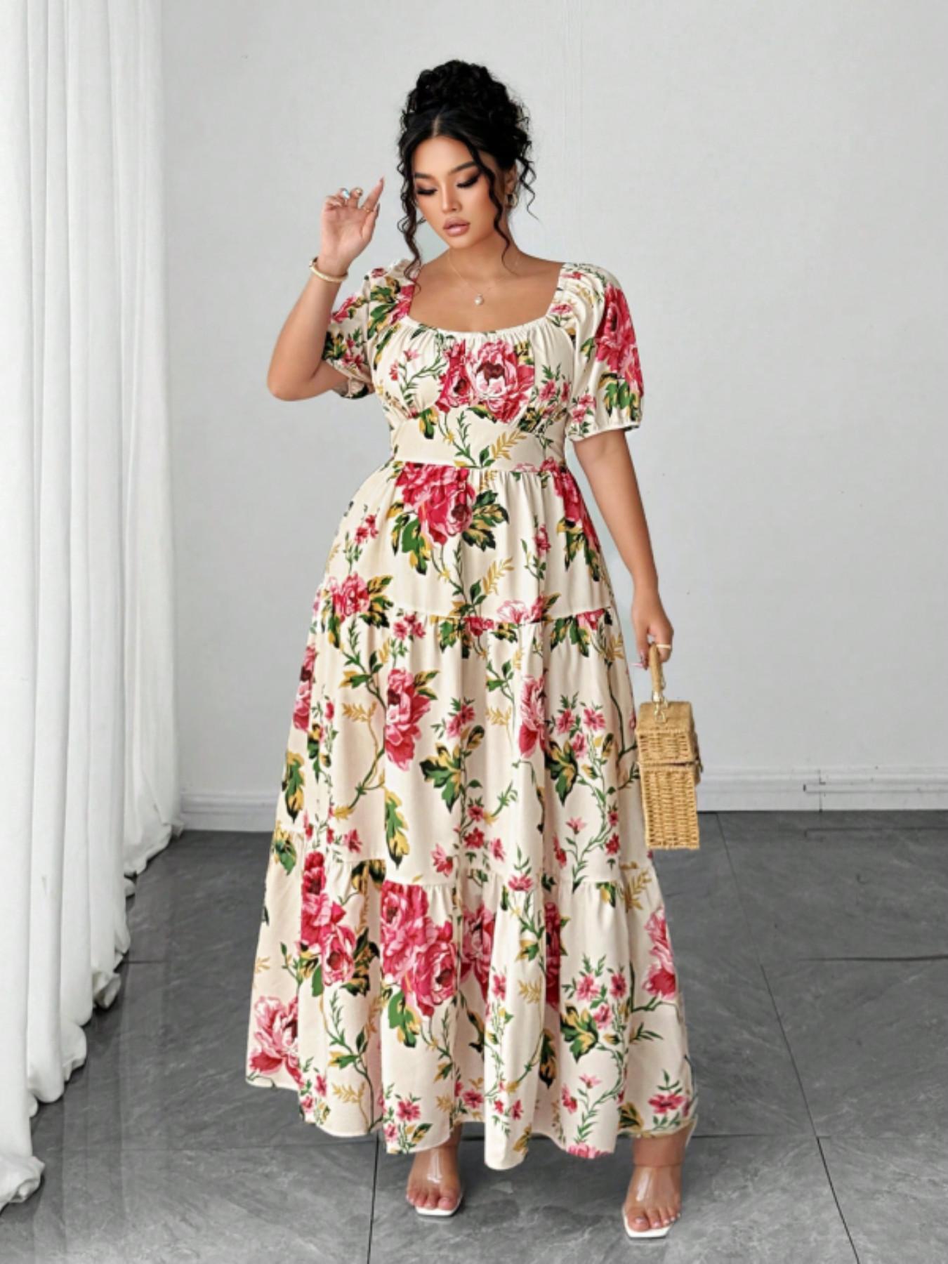 Elegant Plus Size Women Wedding Guest Dress, Square Neck Bubble Sleeve, Rose Floral Pattern, Long A-Line Skirt, Perfect for Weddings and Vacations