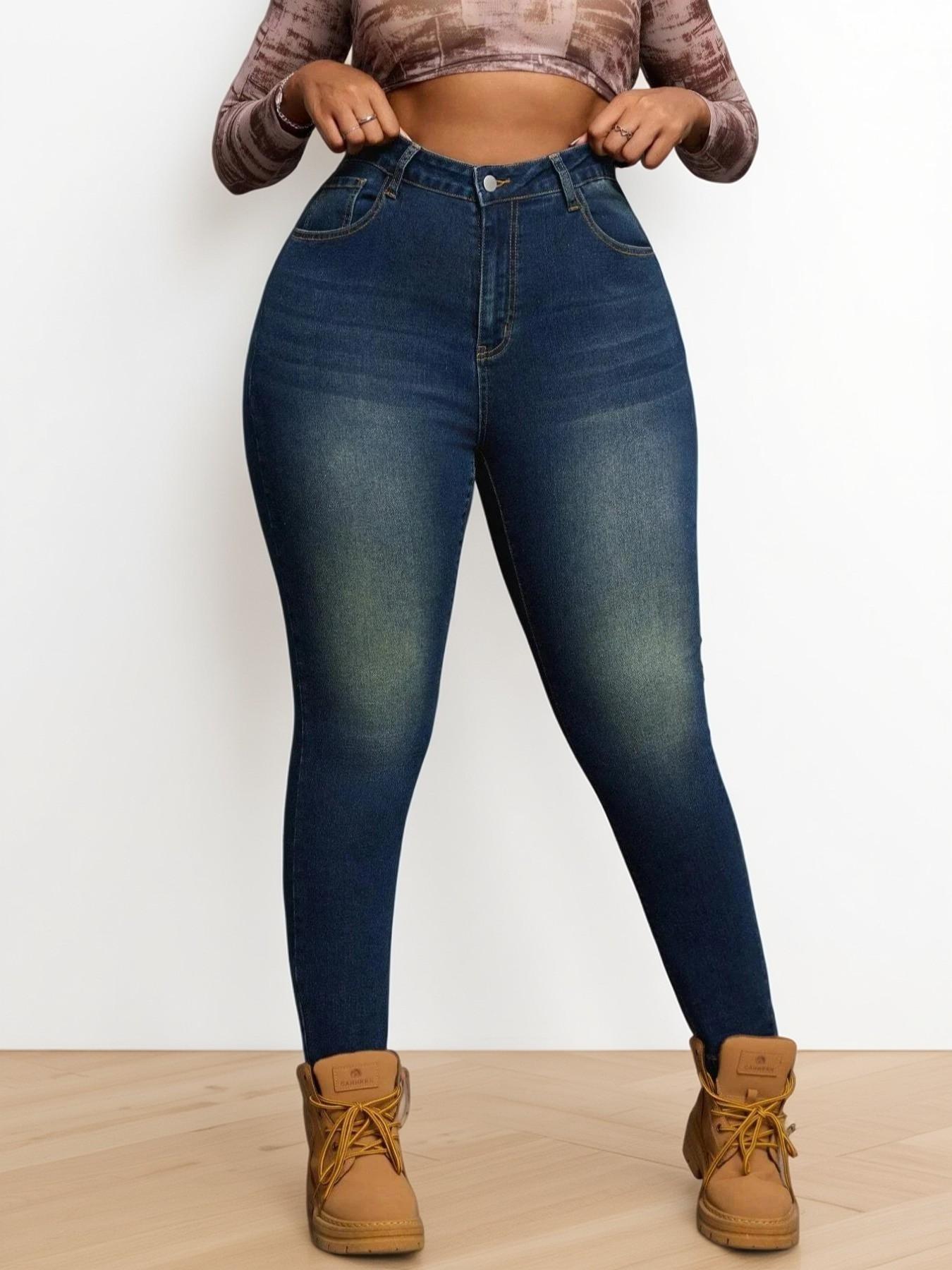 【Plus Size】Solid Button Design Fitted Skinny Jeans, Casual Comfy Retro Vintage Aesthetic Denim Pants for Daily Wear, Women's Bottoms for Summer, Womenswear Trouser