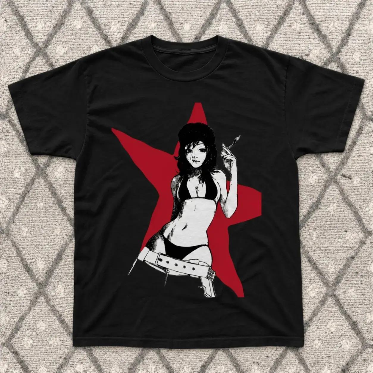 Cyberpunk Red Star Vintage Tee, Anime Girl T-Shirt, Goods Graphic Tee, Aesthetic Shirt, Gothic Grunge Y2k Emo Scene Amity Affliction Style Clothes, Unisex Trendy Otaku Gift Shirt Top Menswear Womenswear Streetwear