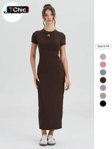 women's solid round neck bodycon dress, casual short sleeve sundress midi dress for daily outdoor wear, dress for women, ladies clothes, summer outfits 2024