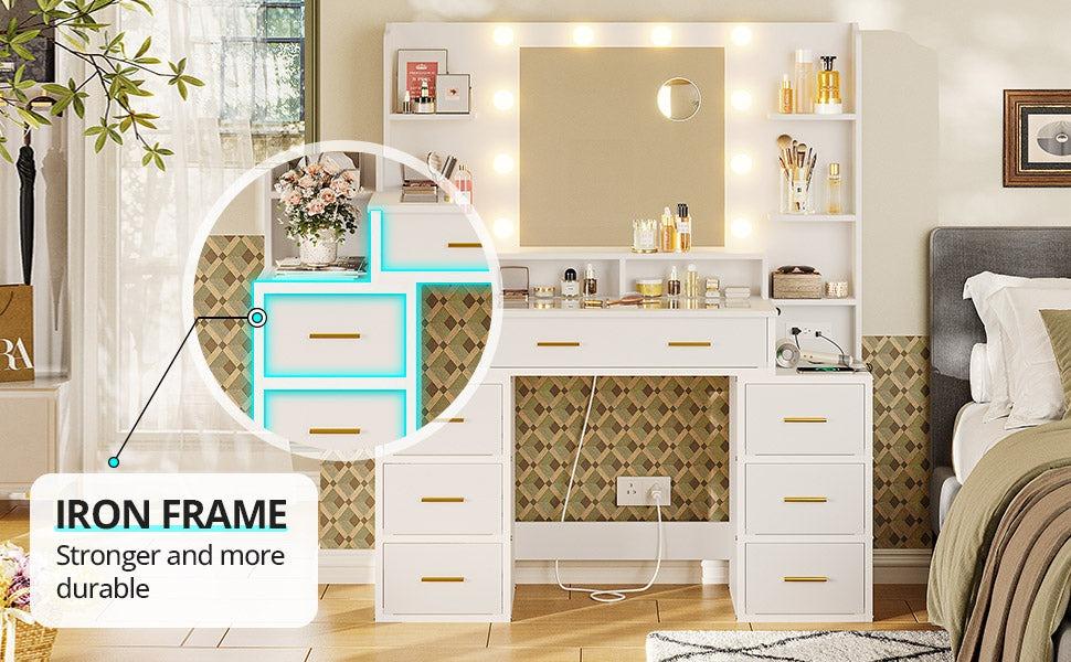 Sikaic Glass Top Makeup Vanity With Lights Power Strip & 10x Magnifying Mirror And Compartment Storage Drawers & Shelves