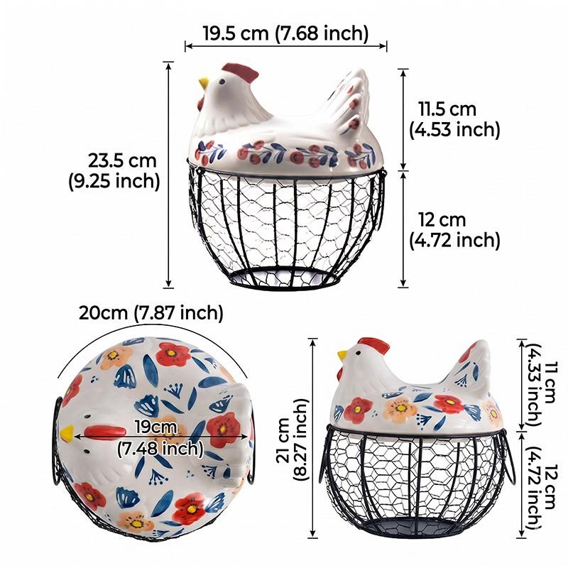 Farmhouse Style Chicken Ceramic Egg Basket with Metal Wire and Lid, Decorative Multi-Functional Kitchen Storage Box, Dustproof Seal Design