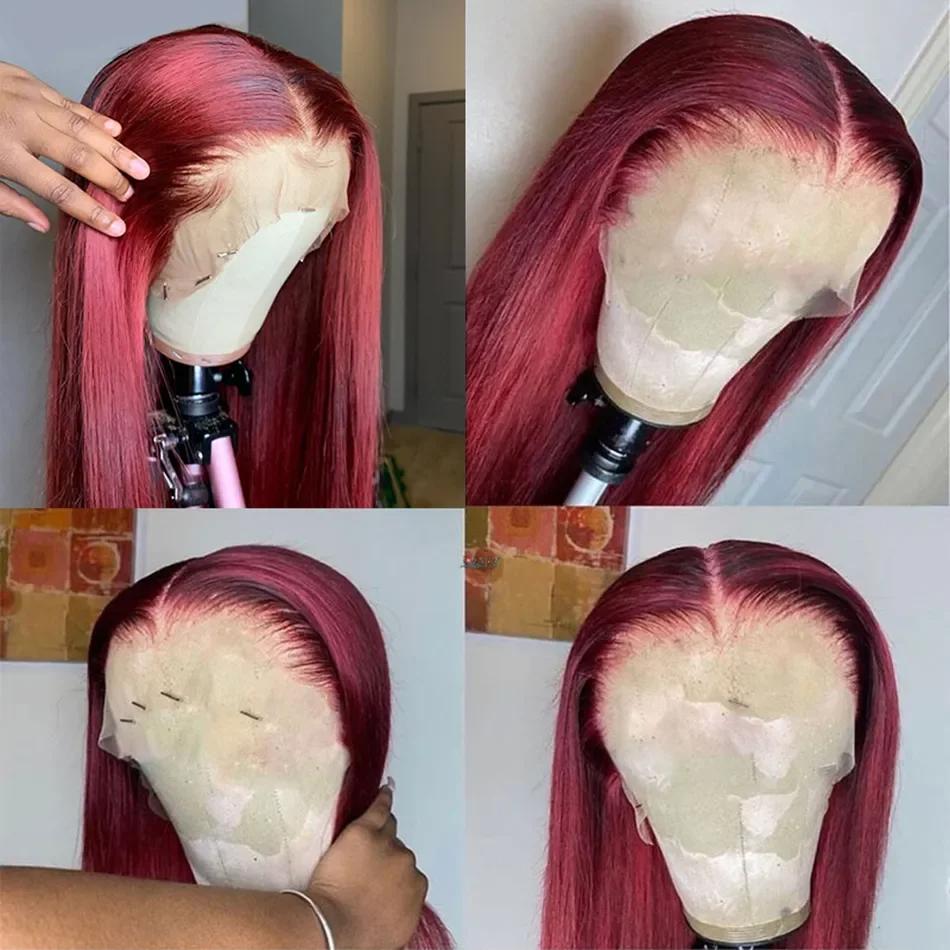 Bling Hair 13x6 Transparent Lace Front Wig 100% Real Hair Wigs 99J Red Color Straight Pre Plucked  Remy 13x6 Real Hair Lace Frontal Wig