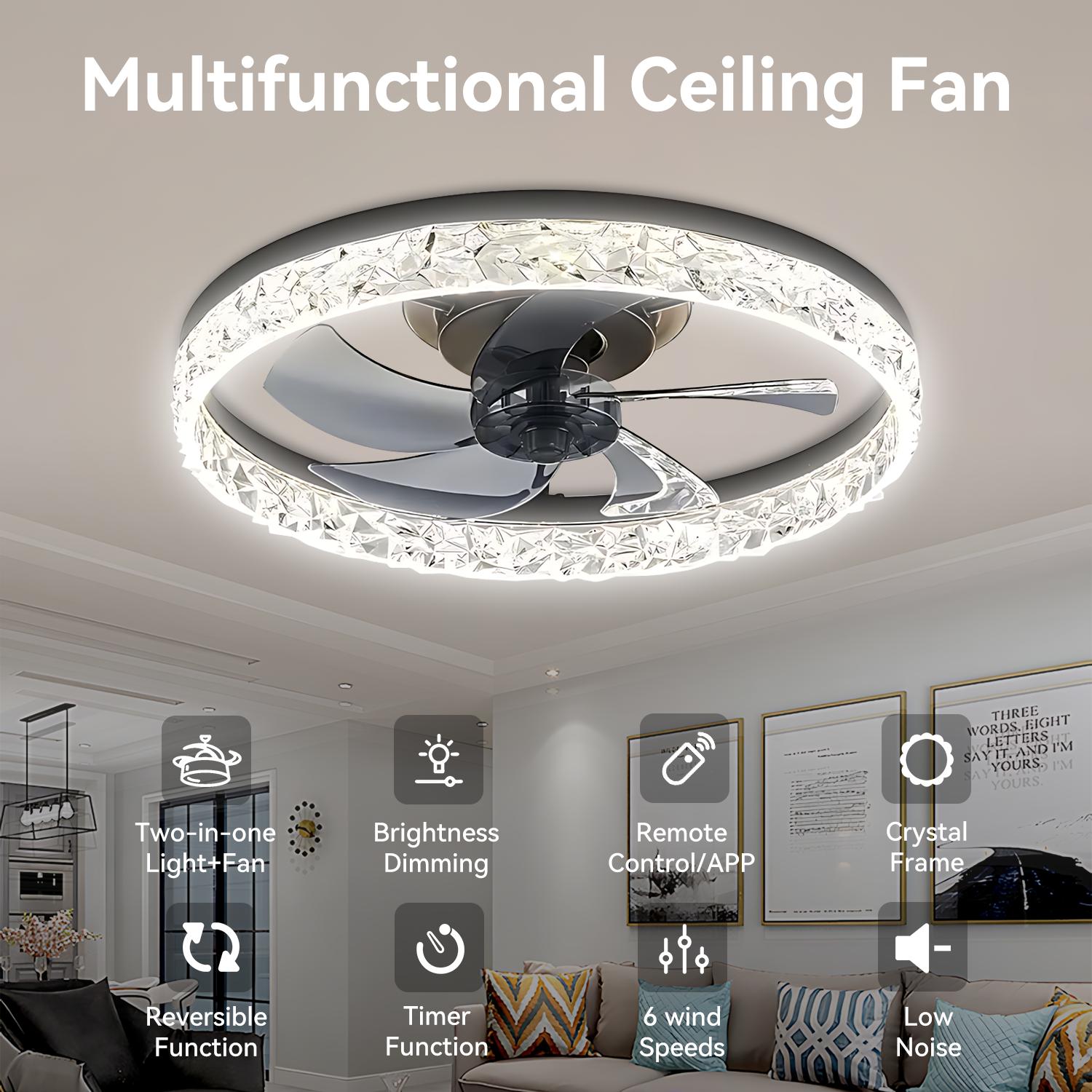 GLITGATE Cristais Multifunctional Ceiling Fan with Light, Remote Control/APP, 6 Wind Speeds, Timer, Reversible DC Motor, Adjustable Brightness & 3 Color Temperatures, Low Noise for Living Room, Bedroom, Study