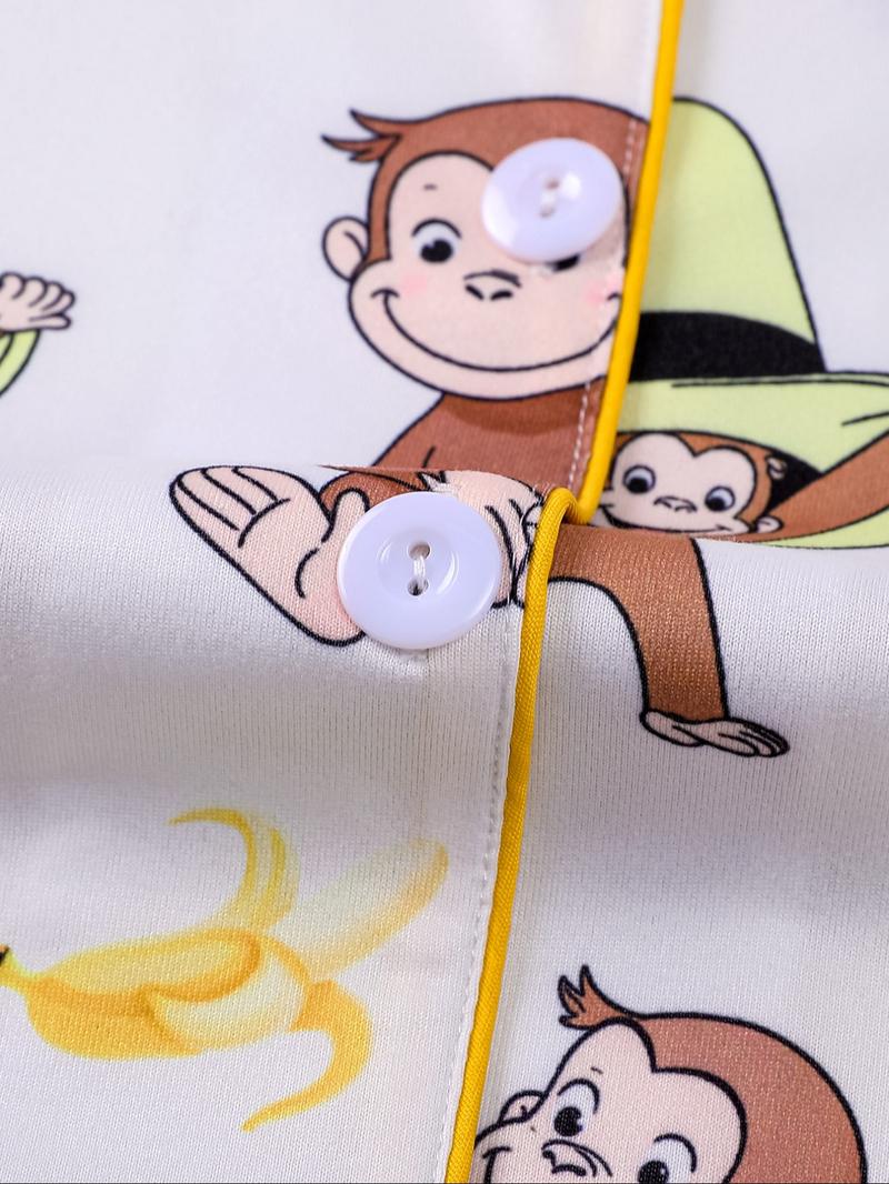 Women's Monkey Banana Print Pajama Set, Comfortable Long Sleeve Button Shirt & Elastic Pants, Casual Home Wear Loungewear for All Seasons