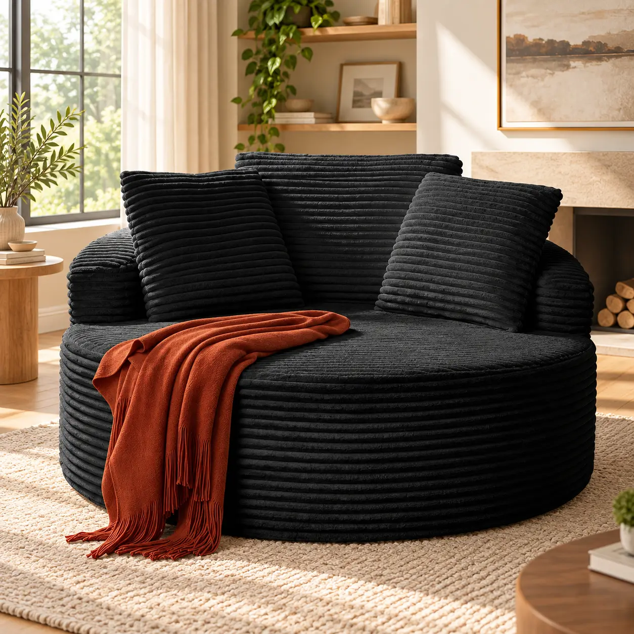 55‑Inch Extra‑Large Round Indoor Leisure Chaise Lounge, Deep‑Seated Large Circular Chair, Corduroy Sponge Single‑Seat Sofa with Throw Pillow, No Assembly Required, Frameless Sofa Suitable for Living Rooms, Bedrooms and Studies