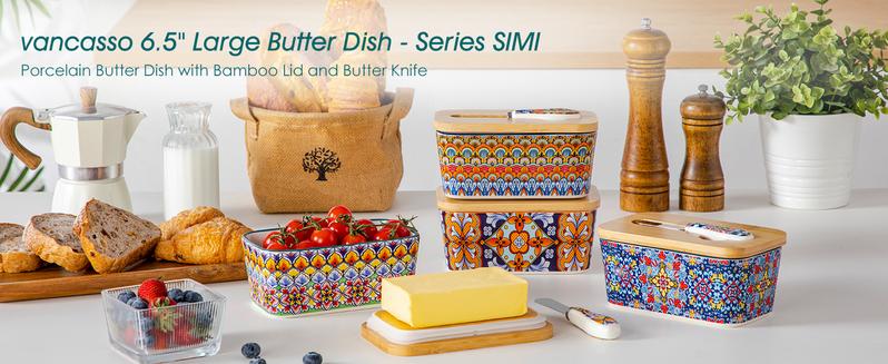vancasso SIMI Butter Dish with Lid, 6.5" Large Butter Dish for Countertop, Bohemian Ceramic Butter Keeper Container with Knife and Bamboo Lid, Butter Holder for Counter
