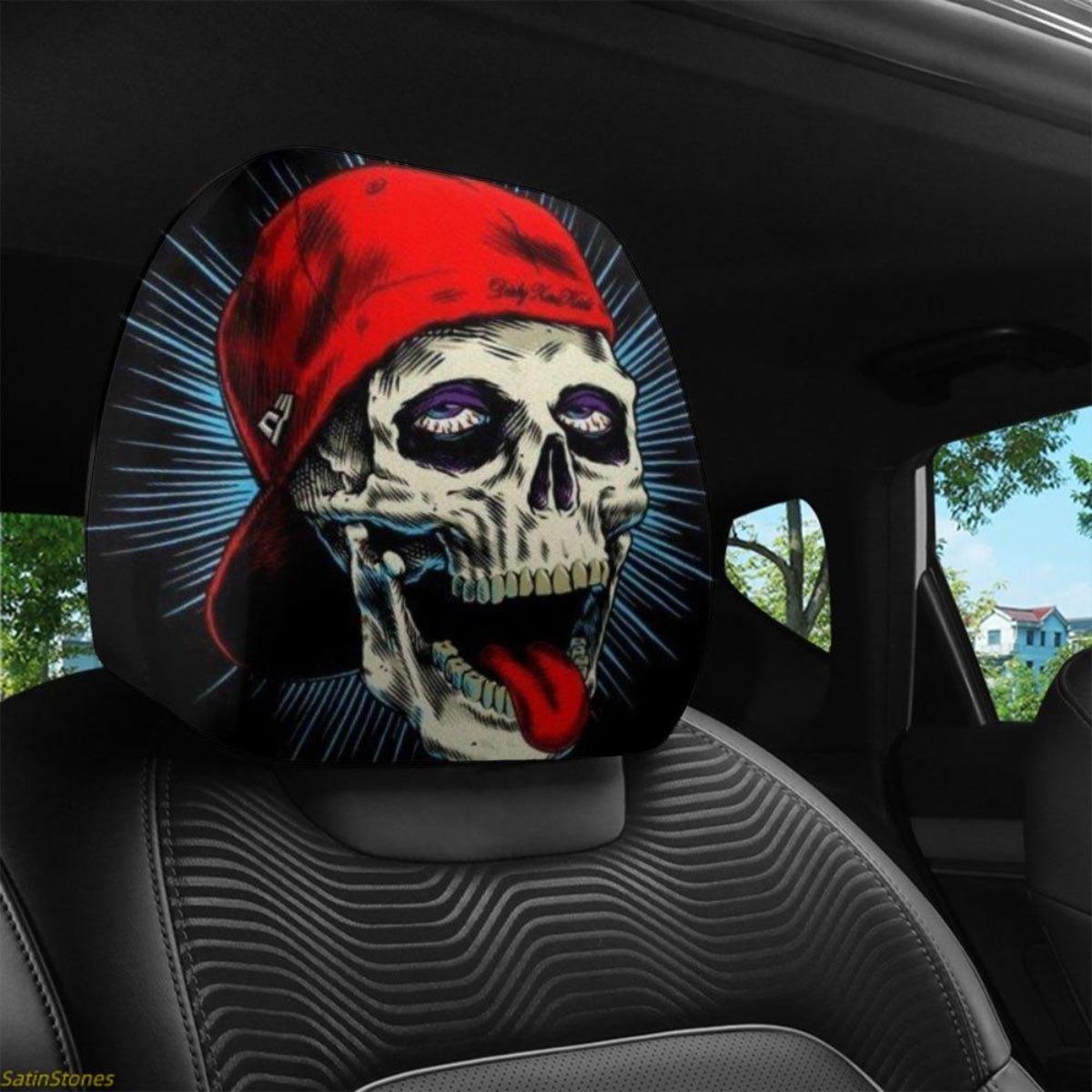 Gothic Hip Hop 2-Pack Car Headrest Covers with Skull Print, Soft Fabric, Easy Installation, Hassle-Free Wash, Durability Enhancement, Universal Fit Vehicle Decoration for Road Trips