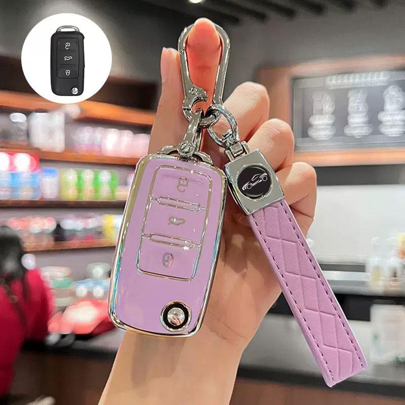 TPU Car Key Case with Keychain, Fashionable Car Key Protector for VW Volkswagen Polo Golf Passat Tiguan Beetle Caddy T5 Up Eos For Skoda Octavia Seat Leon Altea，Women Gift, Car Key Accessory
