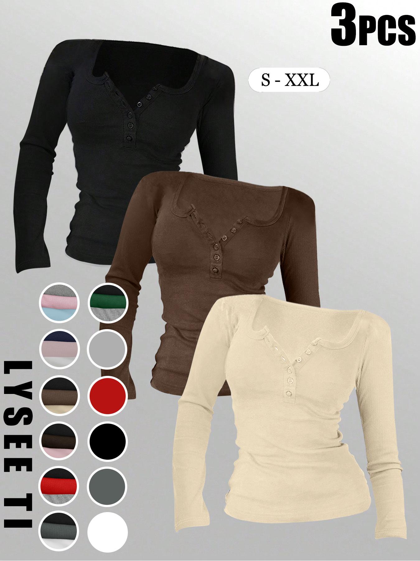 3pcs Autumn And Winter Women'S Casual Fashion Sporty Tee Set, With Multi Button Design, Solid Color Round Neck Long Sleeved Top, Athleisure Wear Set