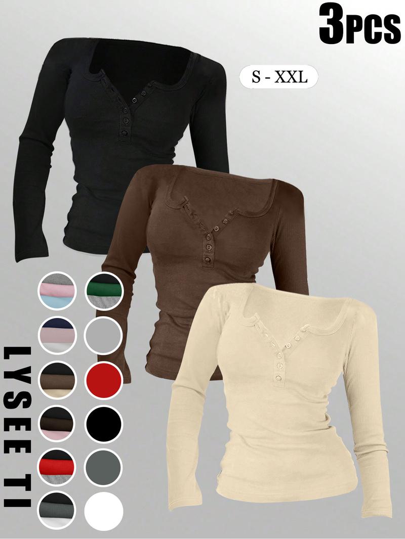 3pcs Autumn And Winter Women'S Casual Fashion Sporty Tee Set, With Multi Button Design, Solid Color Round Neck Long Sleeved Top