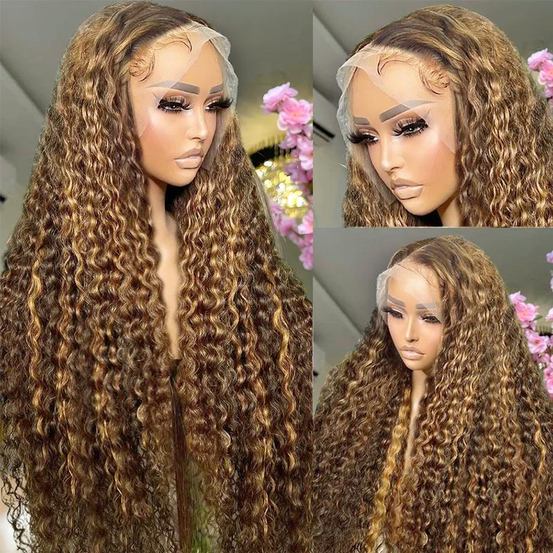 Pizazz Hair Water Wave 4/27 Highlight 13x4 HD Transparent Lace Front Wigs Ombre Human Hair Wet and Wavy Curly Lace Frontal Wigs Pre Plucked with Baby Hair 180% Density