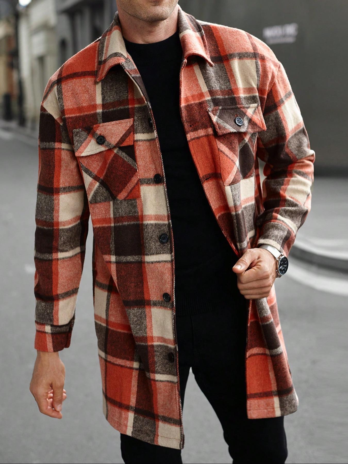 Men's plaid check long coat, Long Sleeve, with a buttoned lapel, loose fit, front button pockets, suitable for daily wear in autumn and winter, comfortable and warm, men's trench coat, autumn and winter
