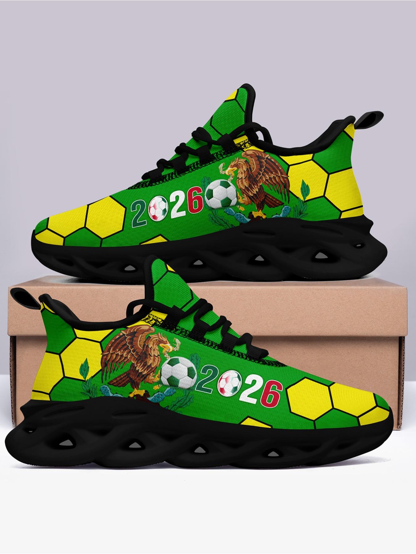 Men's Mexico 2026 Green Yellow Soccer Eagle Print Sport Shoes, Wide Fit, Plus Size, Trendy Casual Sneakers for Daily Walking, Gym & Outdoor