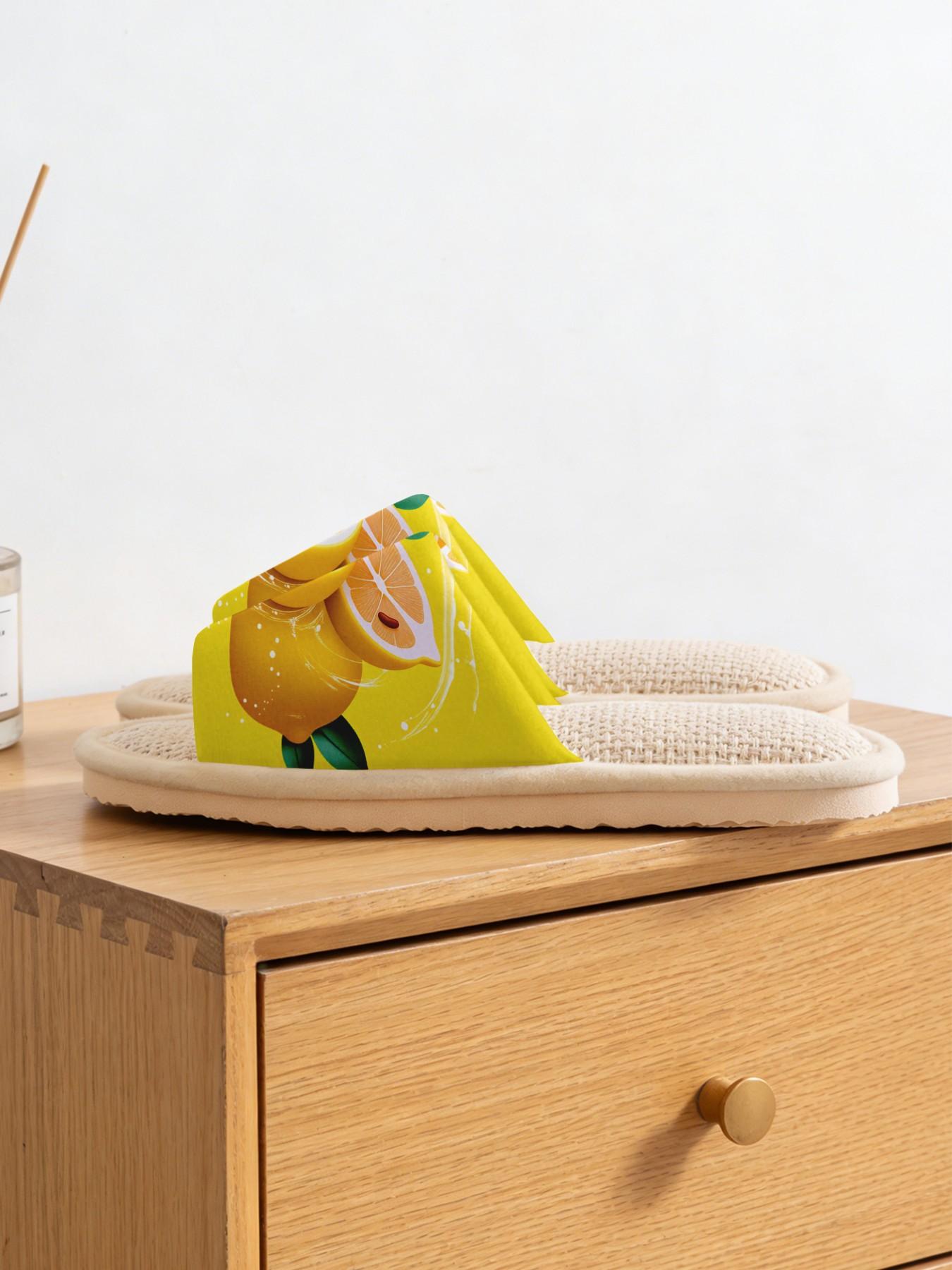 Women's Home Slippers, Lemon Print, Soft Eva Sole, Non-Slip Quiet, All-Season Casual Footwear, Textile Upper, Flower Design