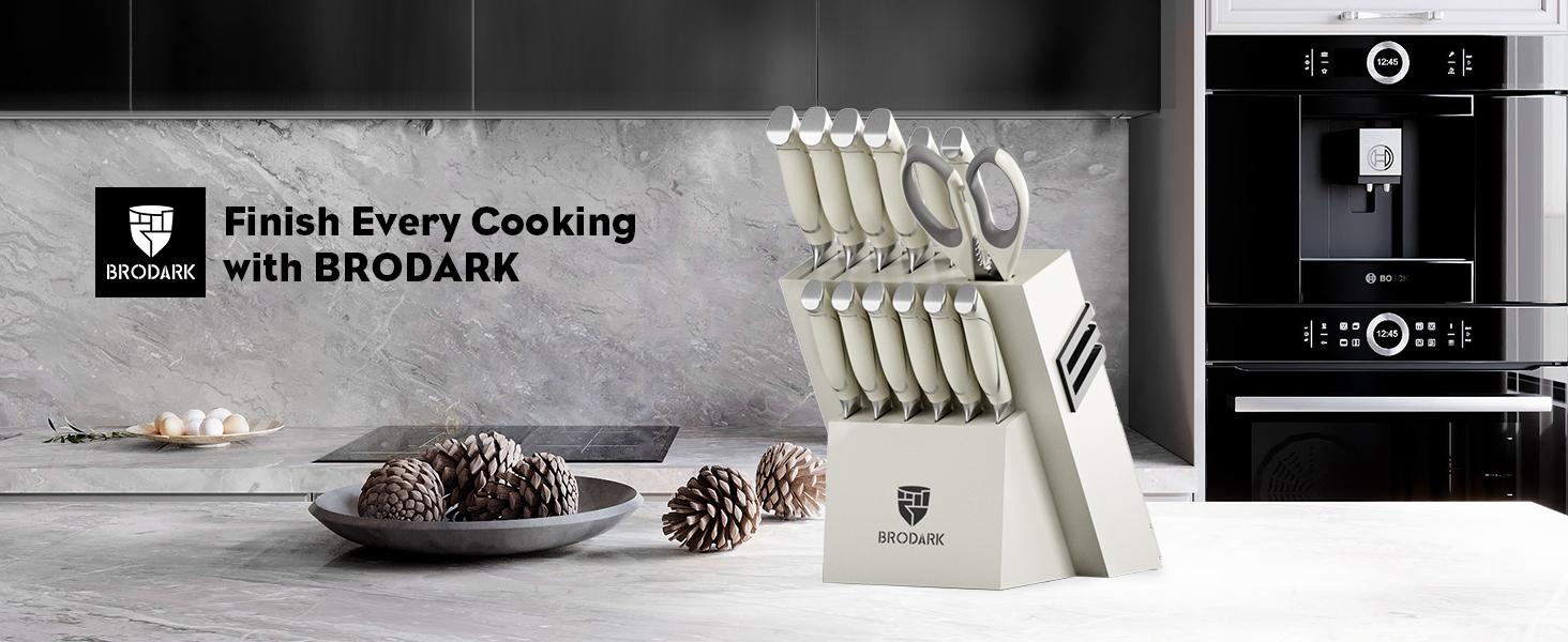 BRODARK Kitchen Knife Sets with Block and Built-in Sharpener, 15 Pcs Full Tang Professional Chef Knife Set, NSF Certified Food Grade Stainless Steel Cutlery Set, Ivory Series Outdoorfun BRODARK Kitchen Knife Sets with Block and Built-in Sharpener, 15 Pcs Full Tang Professional Chef Knife Set, NSF Certified Food Grade Stainless Steel Cutlery Set, Ivory Series Outdoorfun