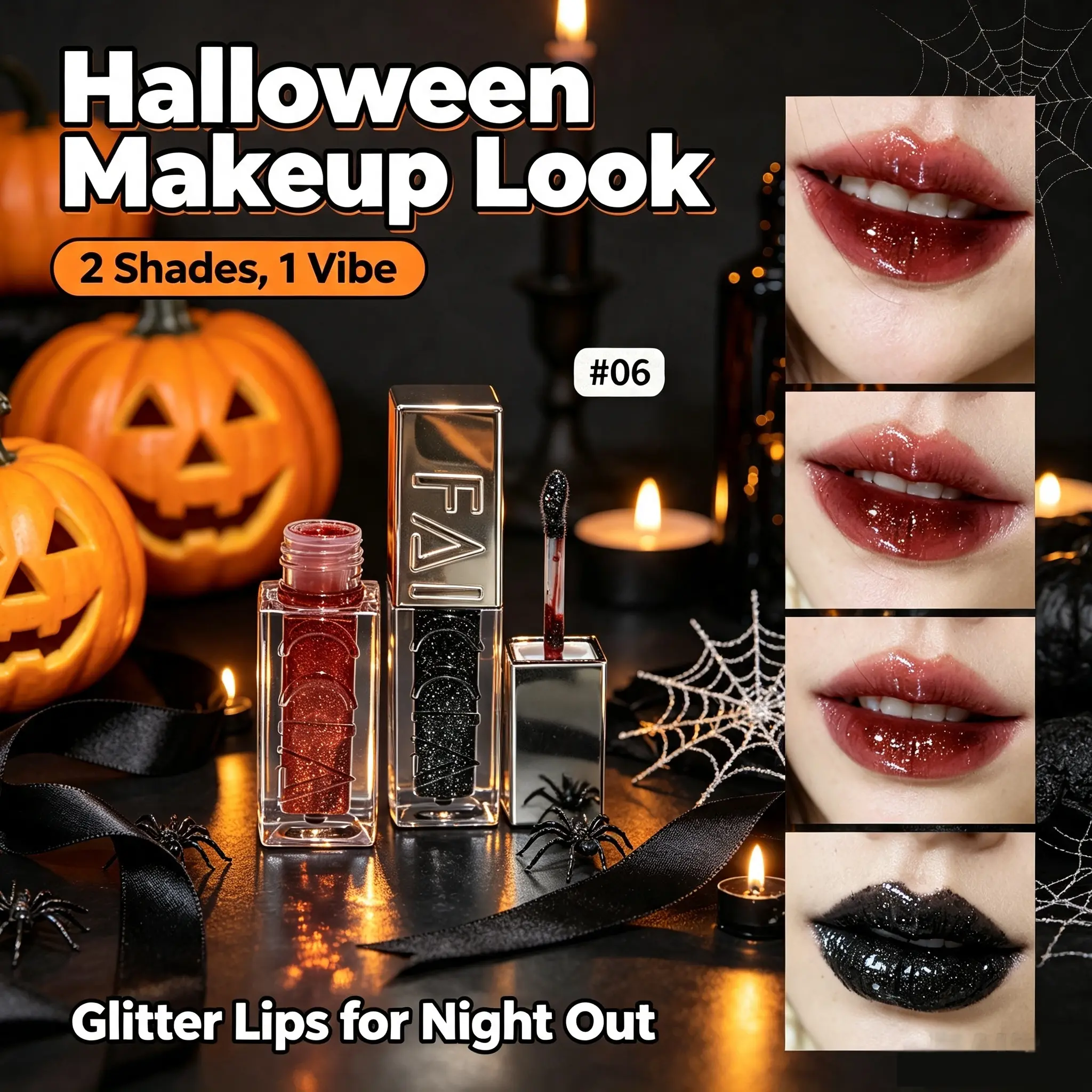 Halloween Vibe 2‑In‑1 Lip Gloss Set,Shimmer Glitter Mirror Glass Lip Tint,#06 Spiced Wine #07 Black Glam,Dark Gothic Lip Makeup for Stage Performance Holiday Gathering Cosmetic Kit