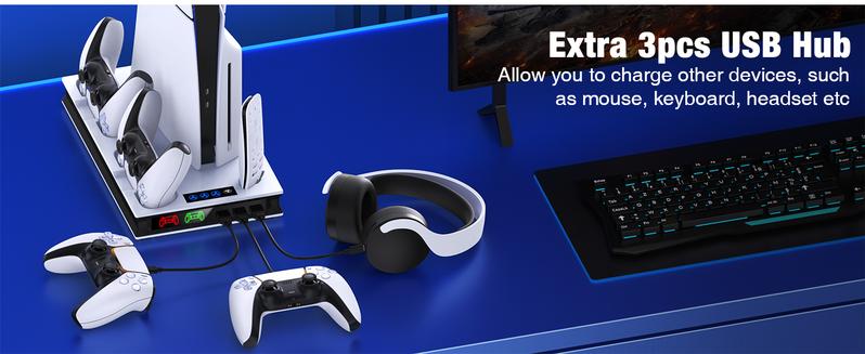 PS5 Stand and Cooling Station with Controller Charging Station for PS5 Slim/PS5/PS5 Pro, PS5 Accessories Incl,3 Levels Cooling Fan, 3 USB Hub, Headset Holder, Media Slot for PS5 Slim&PS5 Disc/Digital Console