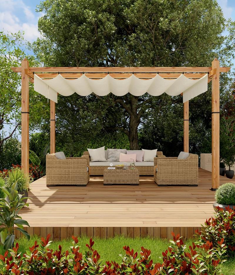 10X10 FT / 10X13 FT Wood-Grain Aluminum Pergola Outdoor Pergola with Retractable Canopy Sun Shade Shelter for Garden, Patio, Backyard, Deck