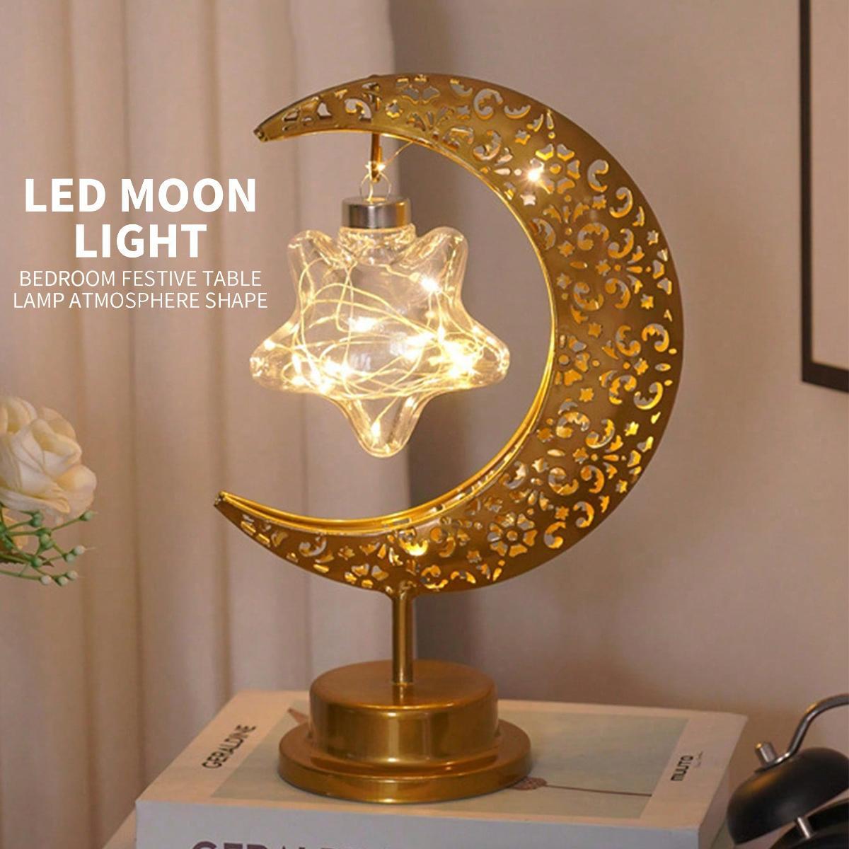 LED Iron Moon & Star Night Light, Ramadan Festival Decoration Bedroom Table Lamp, Atmosphere Light, Home Cozy Decor, Mood Decorative Lights, Starry Night Light