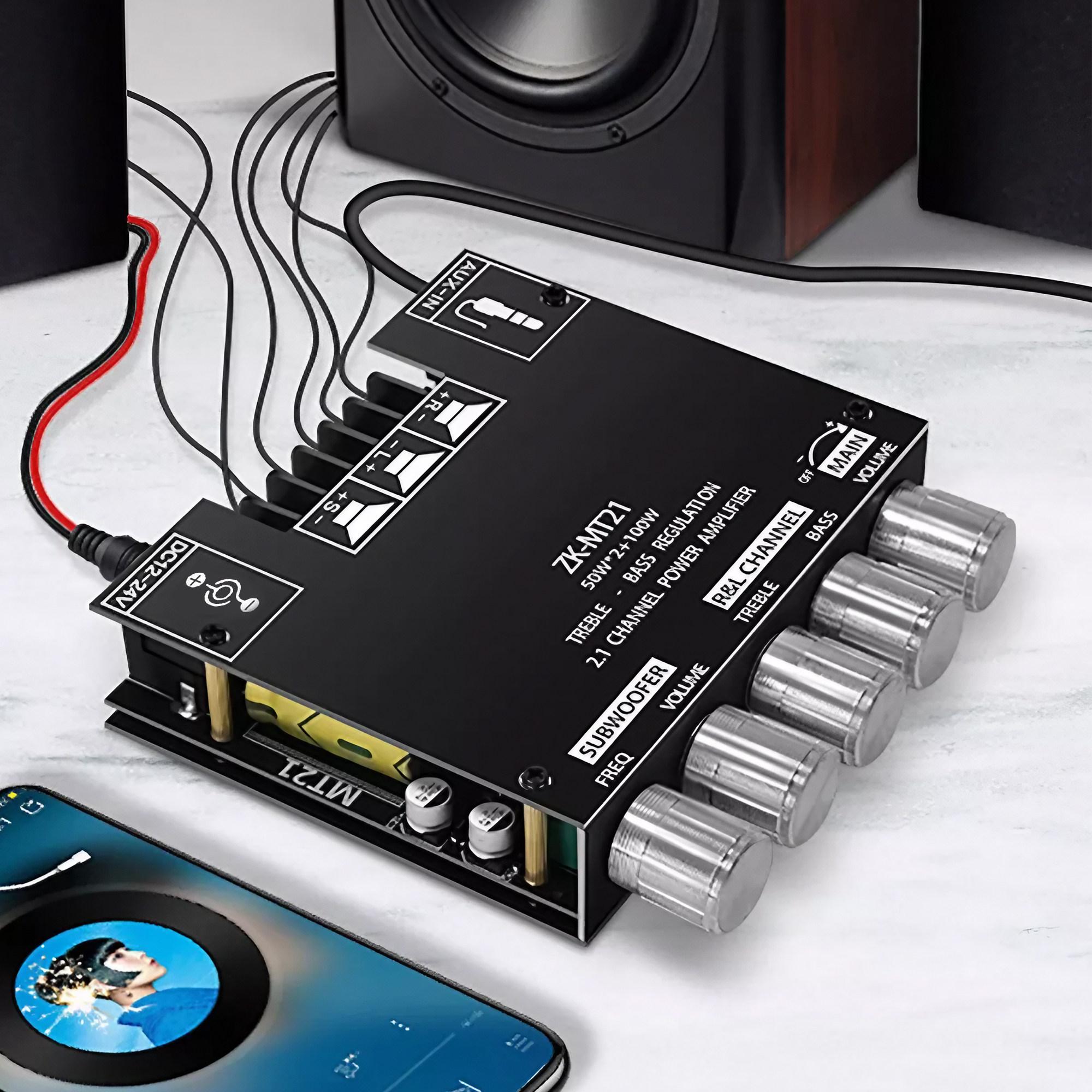 BT Amplifier Board,50W+50W+100W 2.1 Channel Subwoofer Amp Board with Treble/Bass/Sub Control,DC 9-24V, Bluetooth and AUX Inputs, DIY Wireless Speakers AMP Board