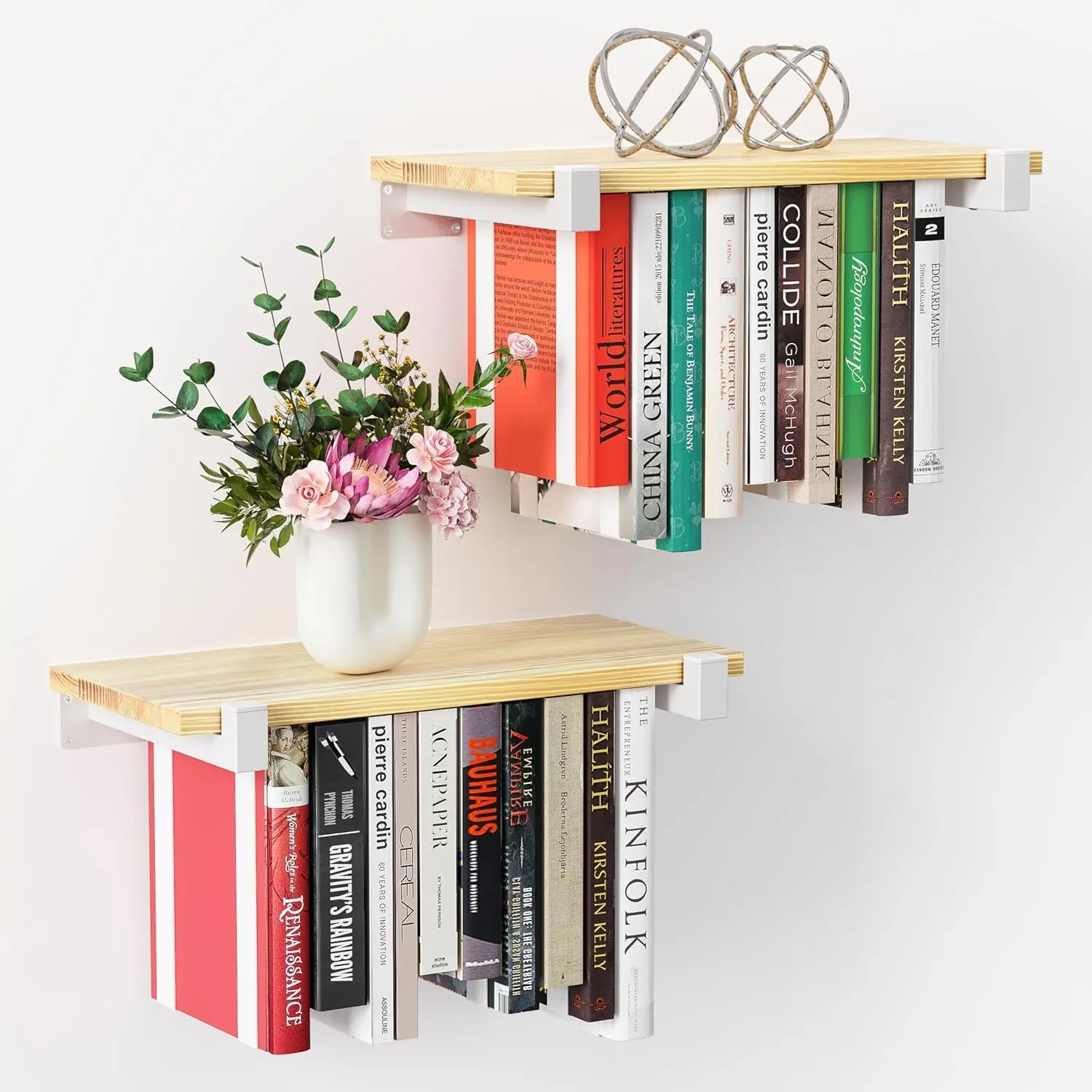 2 Set Floating Bookshelf with White Shelf Brackets, Pine Wood Invisible Bookshelf, Hanging Bookshelves for Wall, Unique Space Saving Wall Bookcase, White 16.5Lx8.7Wx1.5H