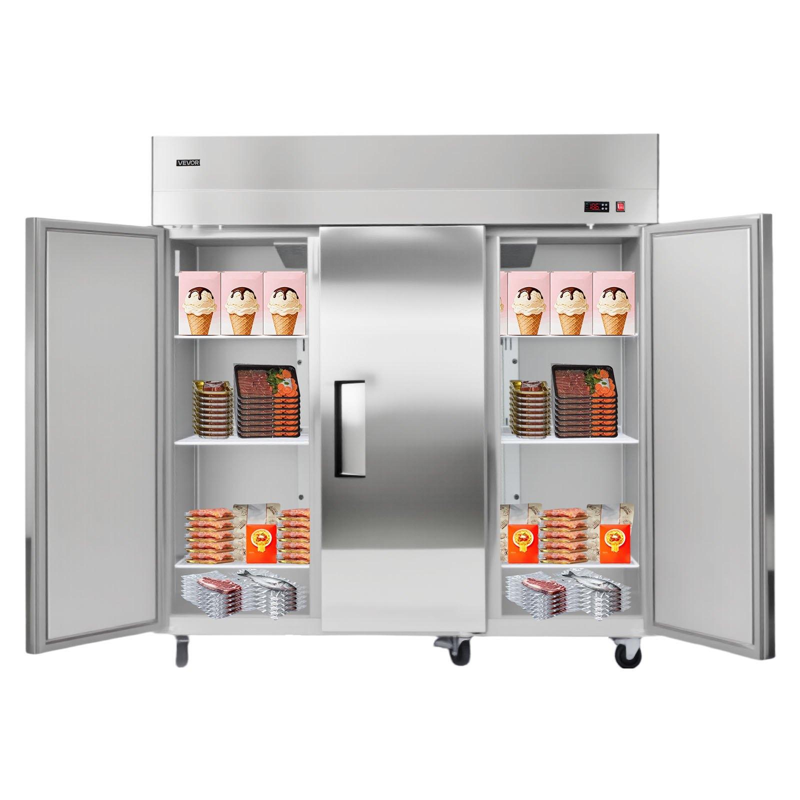VEVOR Commercial Freezer, 71.65 in Width Reach In Upright-Freezer Three Door, 50.2 Cu. ft Auto-Defrost Stainless Steel Freezer with 12 Adjustable Shelves, -11 to 14 Temp Control, LED Light, 4 Wheels