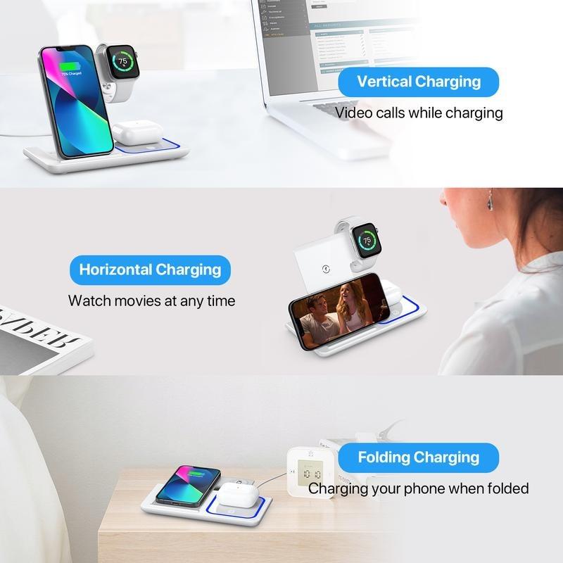 Three-in-One Wireless Charging Stand, suitable for iPhone 16, 15, 14, 13, 12, 11 X, Apple Watch 8, 7, Airpods. It is a base with a foldable design and fast charging function, suitable for electronic smartphones. Black/White Foldable Version
