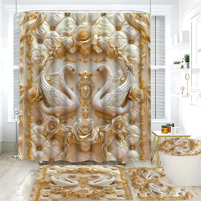 Luxury Bathroom Set, Swan Rose Gold Suite, French Palace Elegance, Bath Curtain Set, Home Bathroom Decor, Includes Mats, Best Gift, Shower, Hook