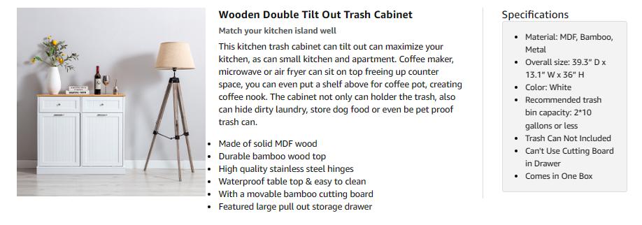 Double Trash Cabinet Tilt Out 20 Gallon, Pet Proof Kitchen Trash Cabinet Laundry Hamper with Cutting Board, Wood Garbage Recycling Station Hideaway Trash Holder Drawers (White)（Black）(Grey)