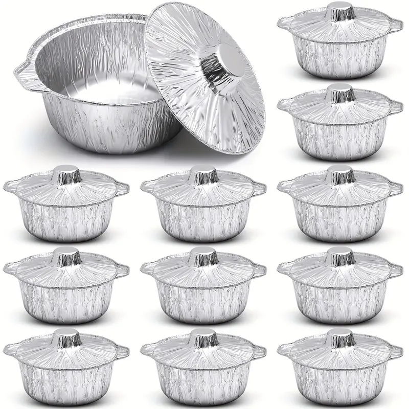 12 Pack Disposable Aluminum Foil Pans with Lids Round Baking Containers 33.8oz for Travel Camping Cooking Food Storage