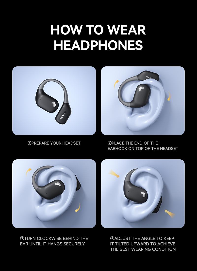 YINPAGE Open Air Mic Headset IPX5 Waterproof Sport Headphone with Charging Case for Outdoor Activities Wireless Sport Earbuds 88dB Audio Chargeable Electronic Black