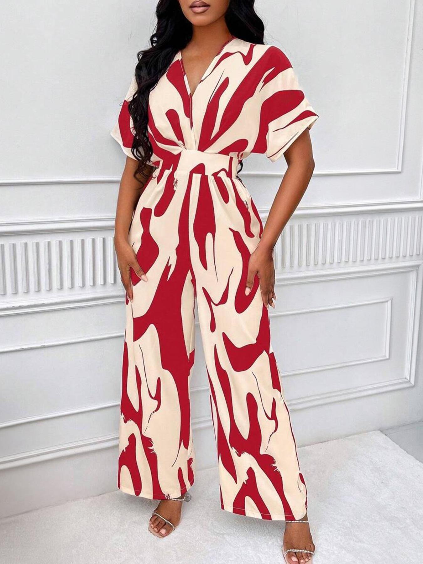 Women's Classy Casual Fashion All Over Print Shirred Wide Leg Flowy Jumpsuit, Sleek Soft Batwing Sleeve Jumpsuit for Spring & Summer, Lightweight Pill-Resistant Womenswear