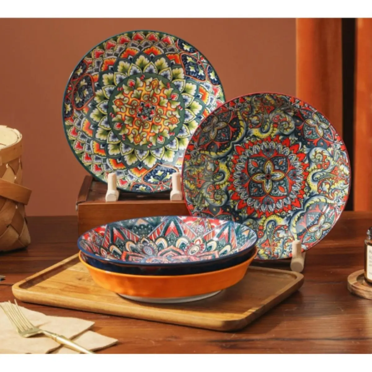 2026 New Fashion Floral Pattern Ceramic Bowl Set, set Boho Style Colorful Bow, Porcelain Plates and Bowls Set,  Bohemian Style Tableware, Microwave & Dishwasher Safe, Scratch-Resistant, Lead-Free, Space-Saving Stackable Design, Ideal for Daily Use & Gifts