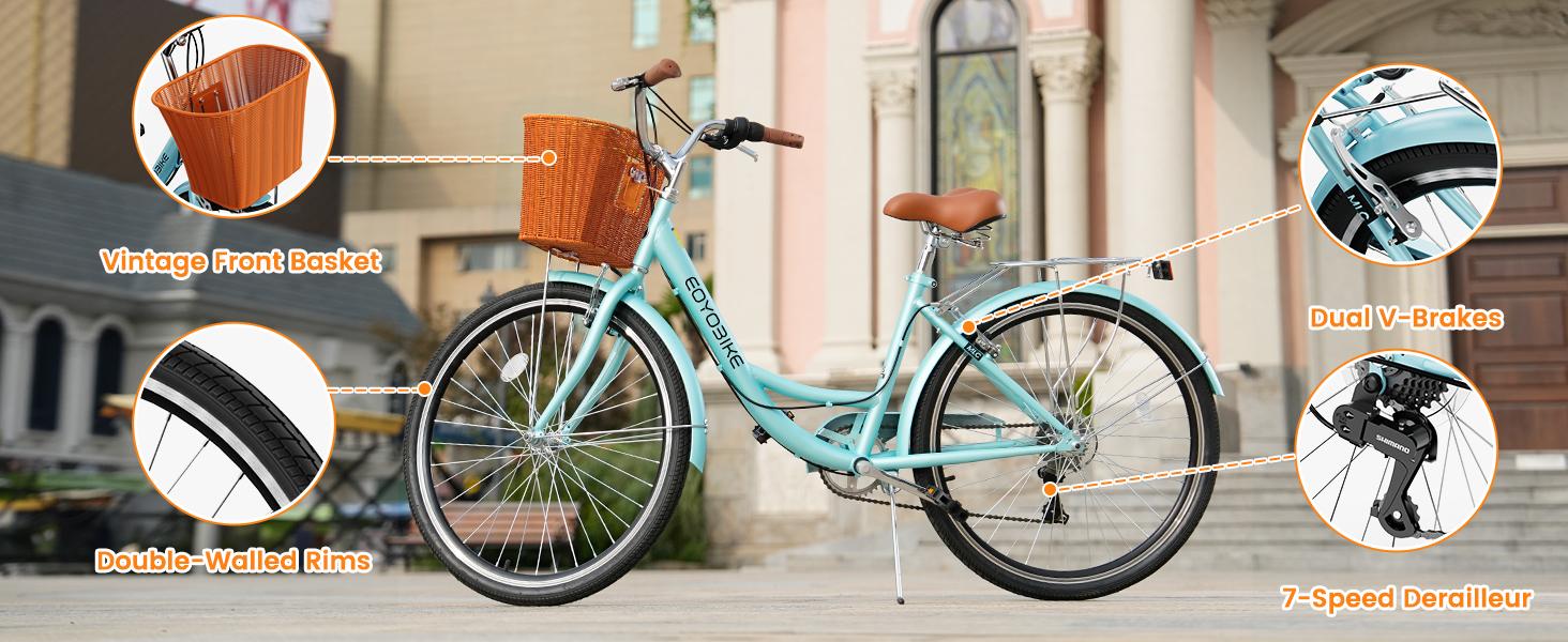 EOYOBIKE Adult Bike 7 Speed, 24 26 inch Beach Cruiser Bikes for Women, Step Through Adult Bicycle with Front Basket for City Commuting
