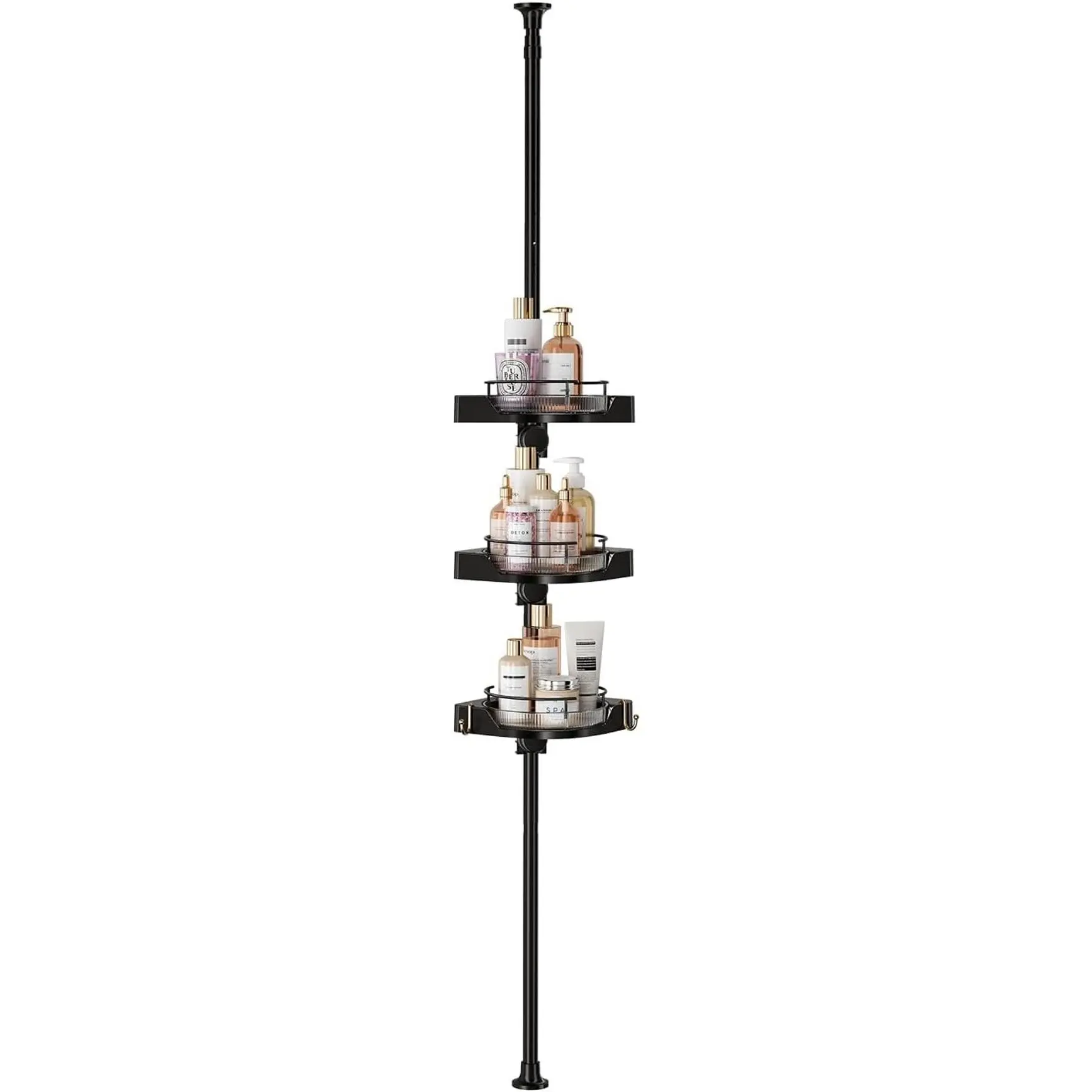 360° Rotating Shower Caddy Tension Pole, 3 Tiers Corner Shower Organizer for Bathroom Shelf Bathtub, Adjustable Standing Shower Rack, Easily Assemble, 34-124 Inch Height, Black