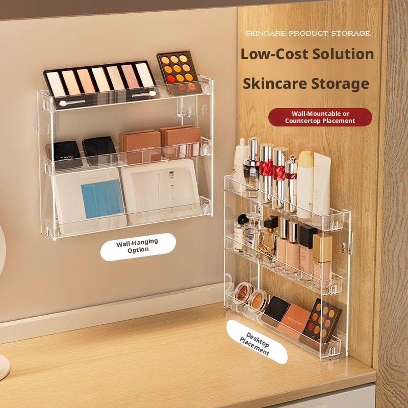 Wall-mounted acrylic makeup storage rack, no-drill cosmetic storage rack, transparent bathroom skincare shelf for vanity, very suitable for organizing lipsticks, eyeshadows, and skincare products