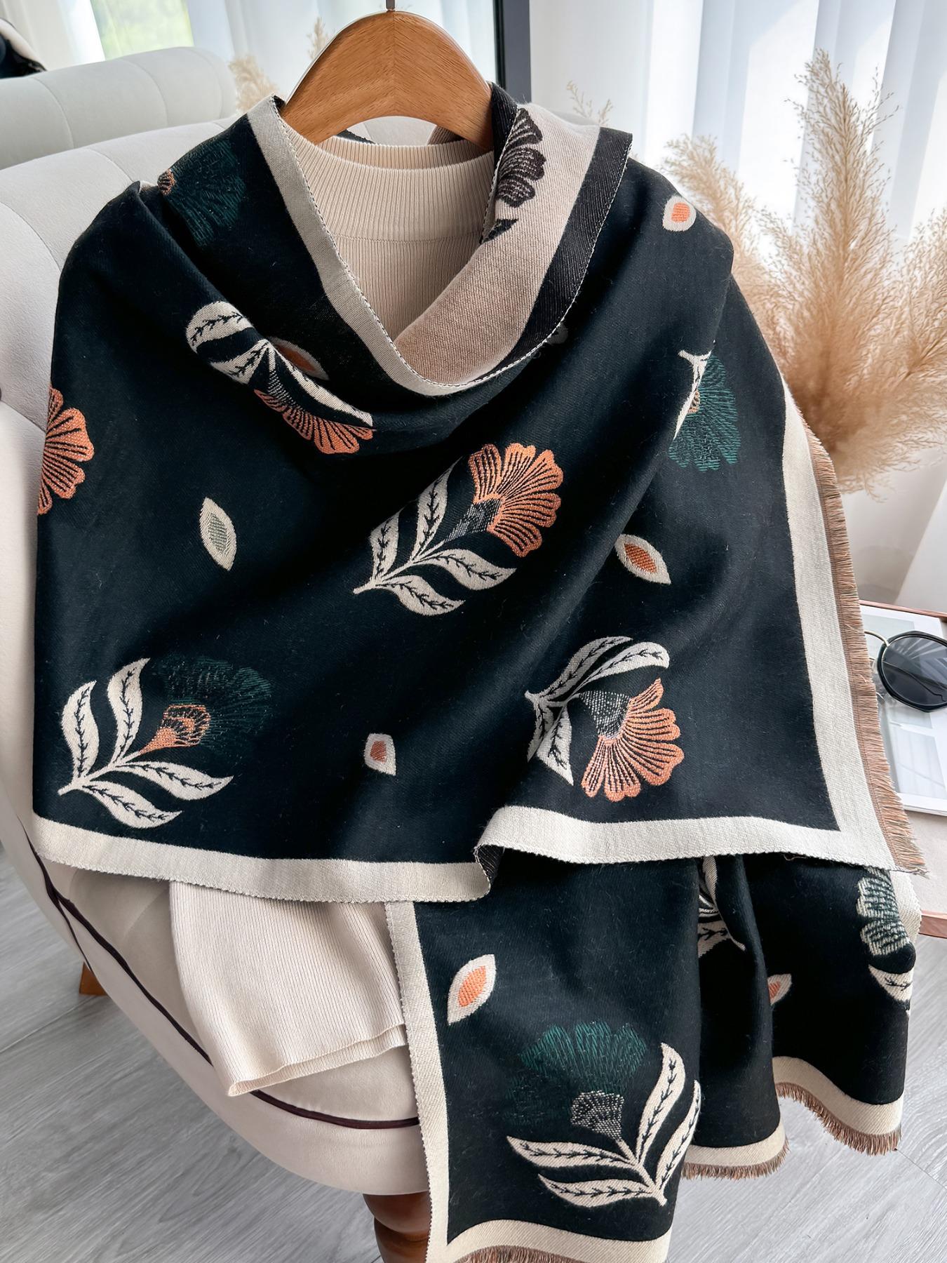 Women's Floral Pattern Raw Trim Shawl, Girlfriend Gifts, Imitation Cashmere Long Scarf, Casual Soft Warm Thick Double Sided Scarf for Fall & Winter, Fashion Accessories for Daily Wear